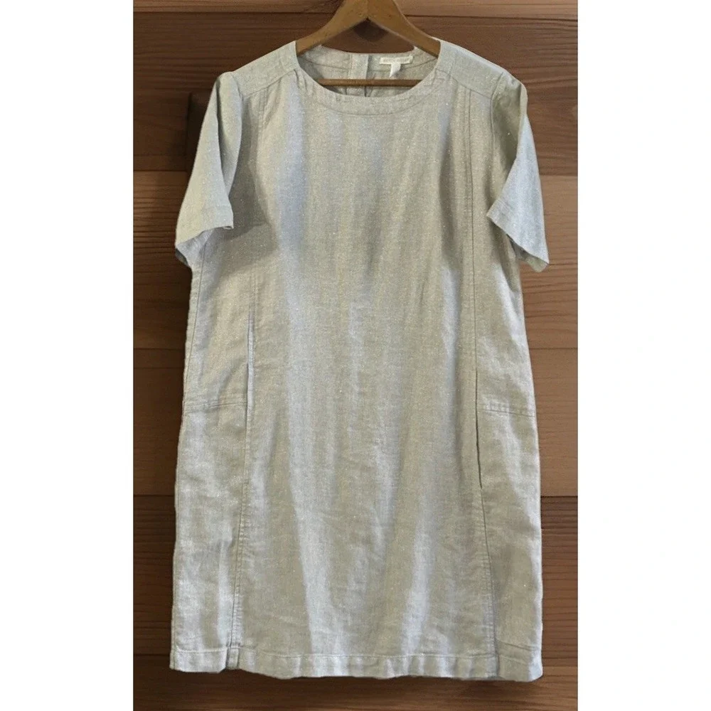 Eileen Fisher Organic Linen Shift Dress Pockets Beige Holiday Sparkle Sz XS EC